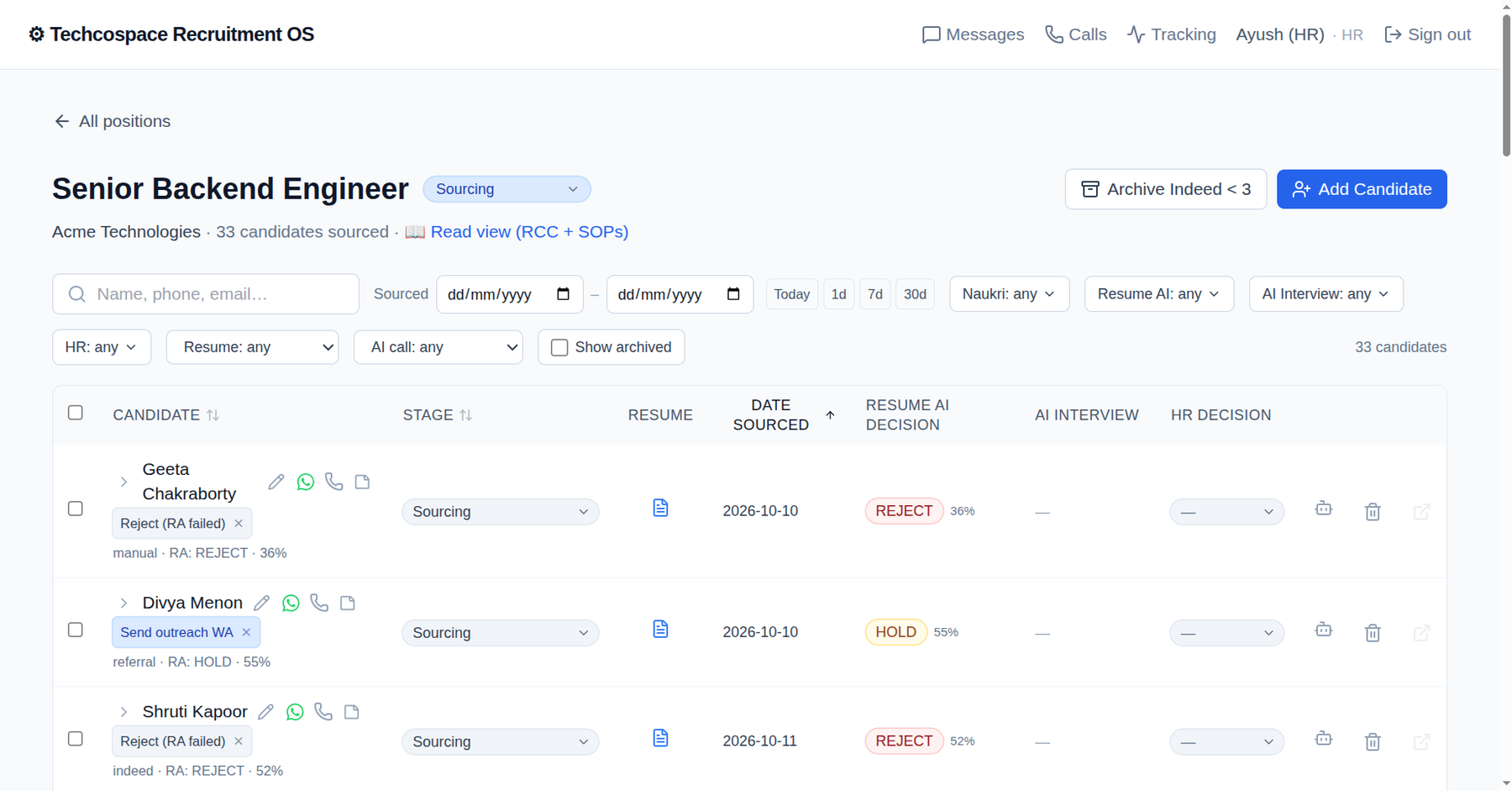 TechCospace candidate pipeline — 33 candidates sourced for a Senior Backend Engineer role.