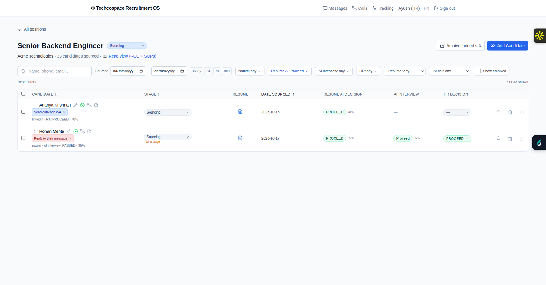 Pipeline filtered to candidates with Resume AI = Proceed.