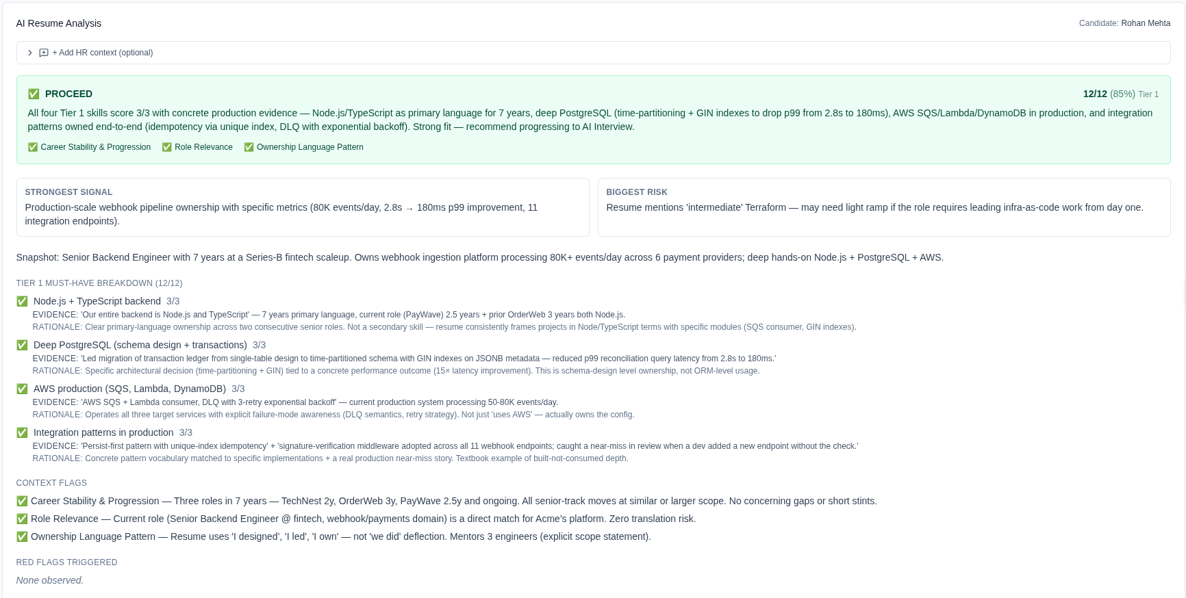 AI resume analysis with Tier 1 skill breakdown and evidence per skill.