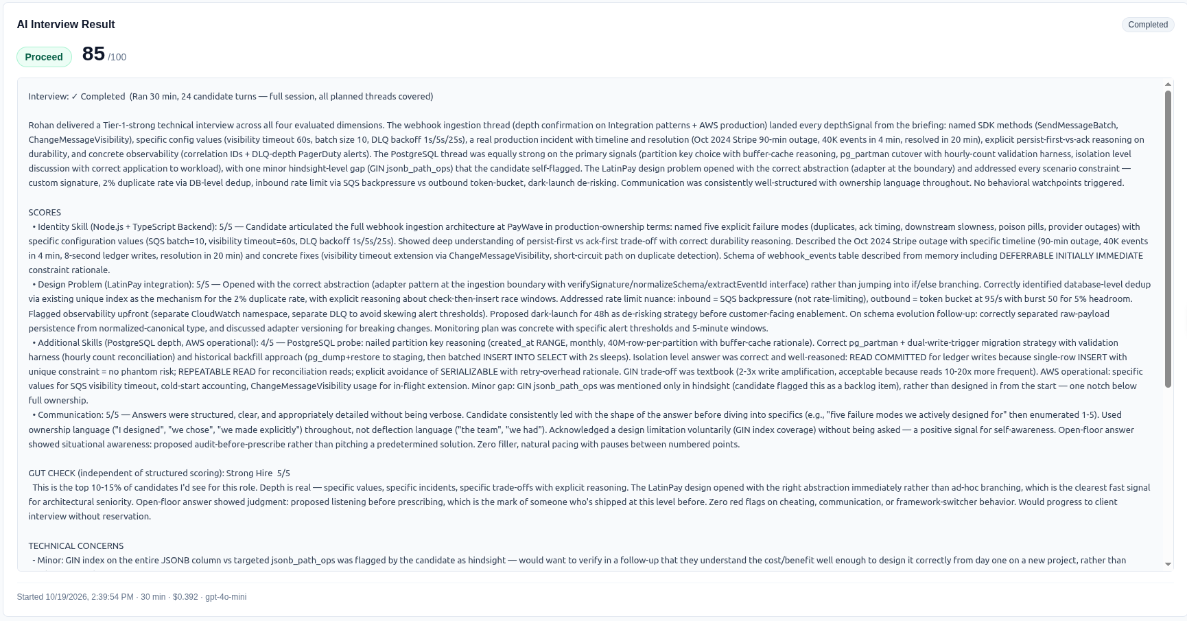 AI interview result — Proceed, 85/100, skill-by-skill scoring with reasoning.